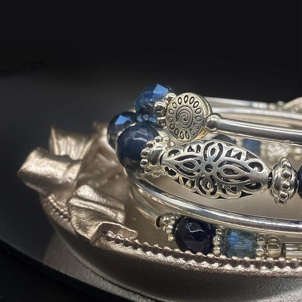 Blue Boho Stackable Beaded Silver Wrap Bracelets … - image 5